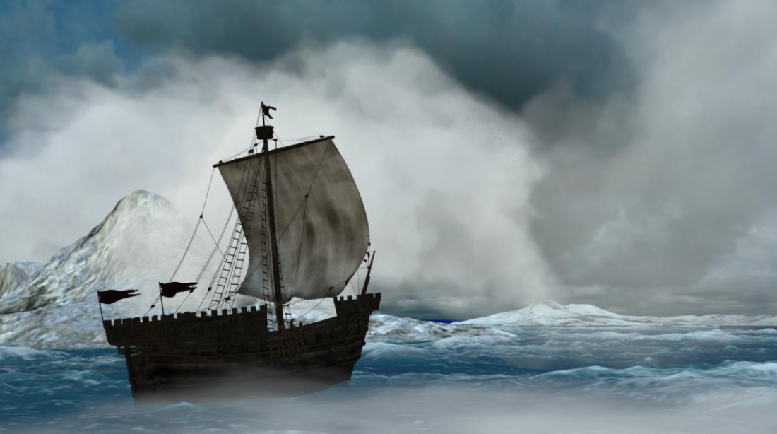 ship sailing into storm