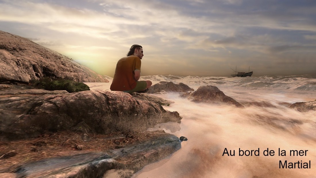 Man meditating on beach