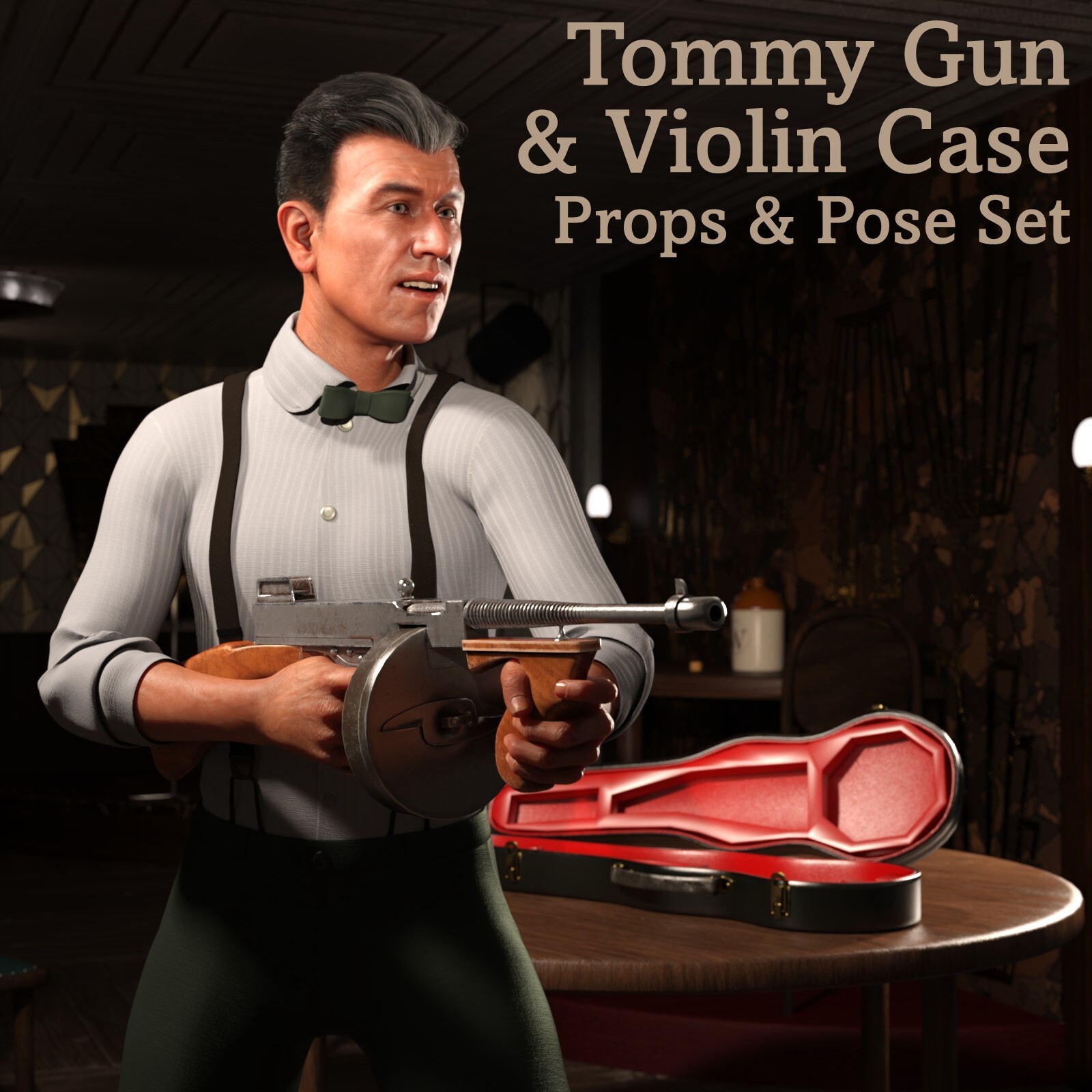 Tommy Gun and Violin Case Props and Poses 3D Figure Assets 3D Models