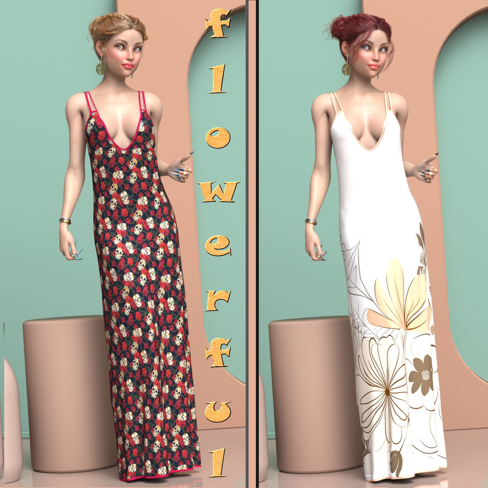 DA-Flowerful for dForce - Maxi Dress - Genesis 8 and 9 by kaleya by N/A