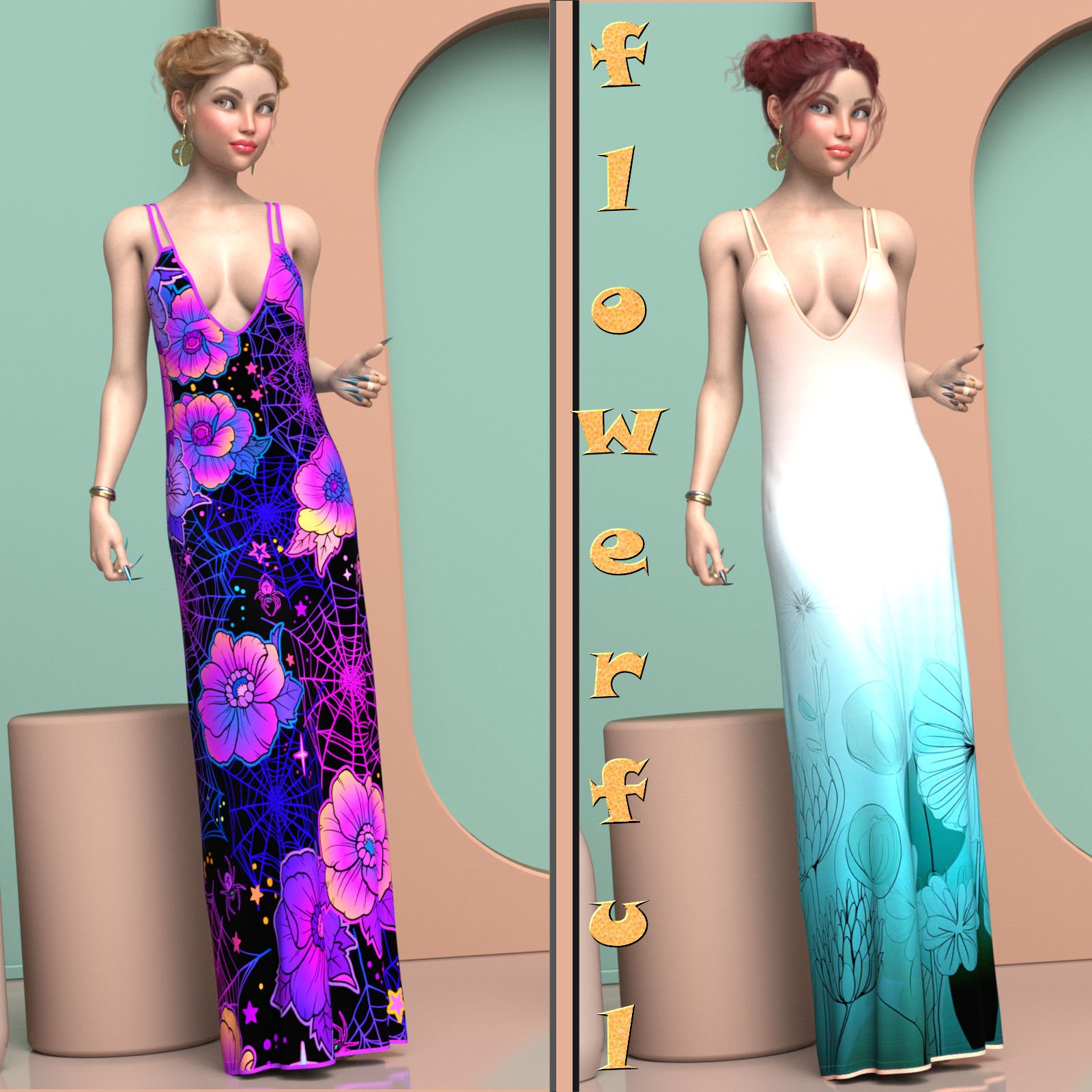 DA-Flowerful for dForce - Maxi Dress - Genesis 8 and 9 by kaleya by N/A
