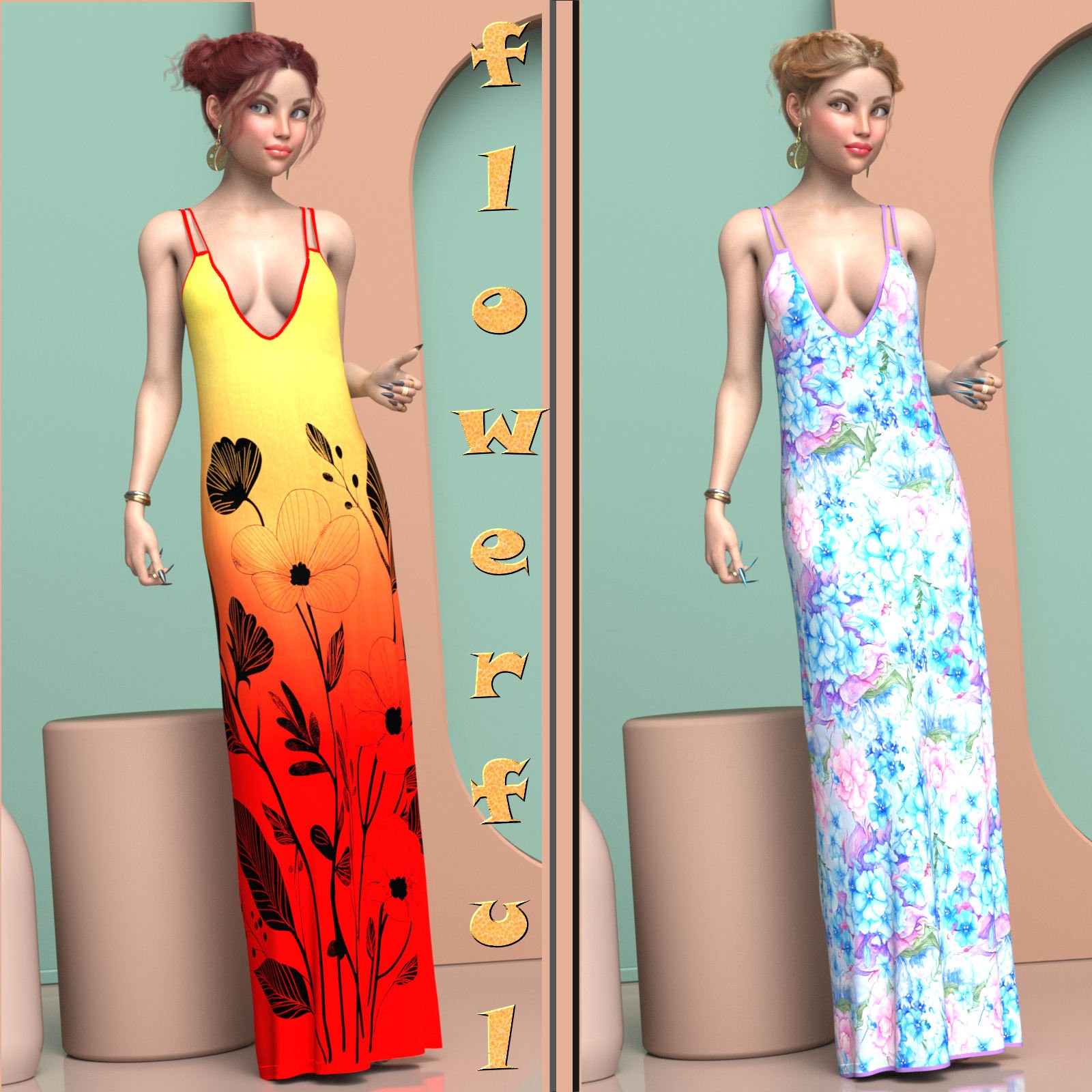 DA-Flowerful for dForce - Maxi Dress - Genesis 8 and 9 by kaleya by N/A
