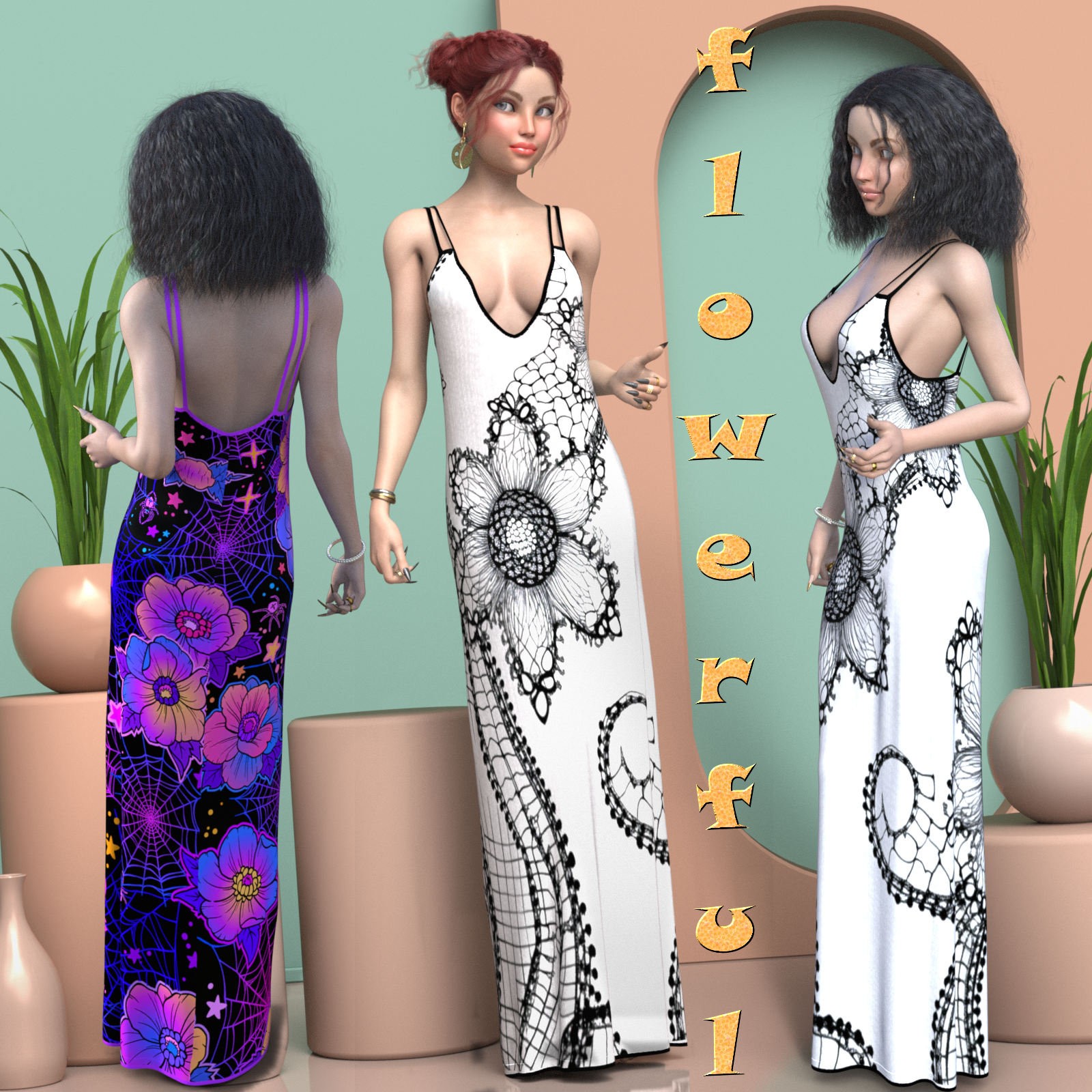 DA-Flowerful for dForce - Maxi Dress - Genesis 8 and 9 by kaleya by N/A