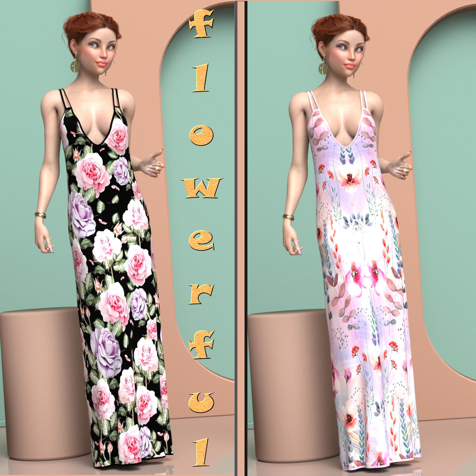 DA-Flowerful for dForce - Maxi Dress - Genesis 8 and 9 by kaleya by N/A
