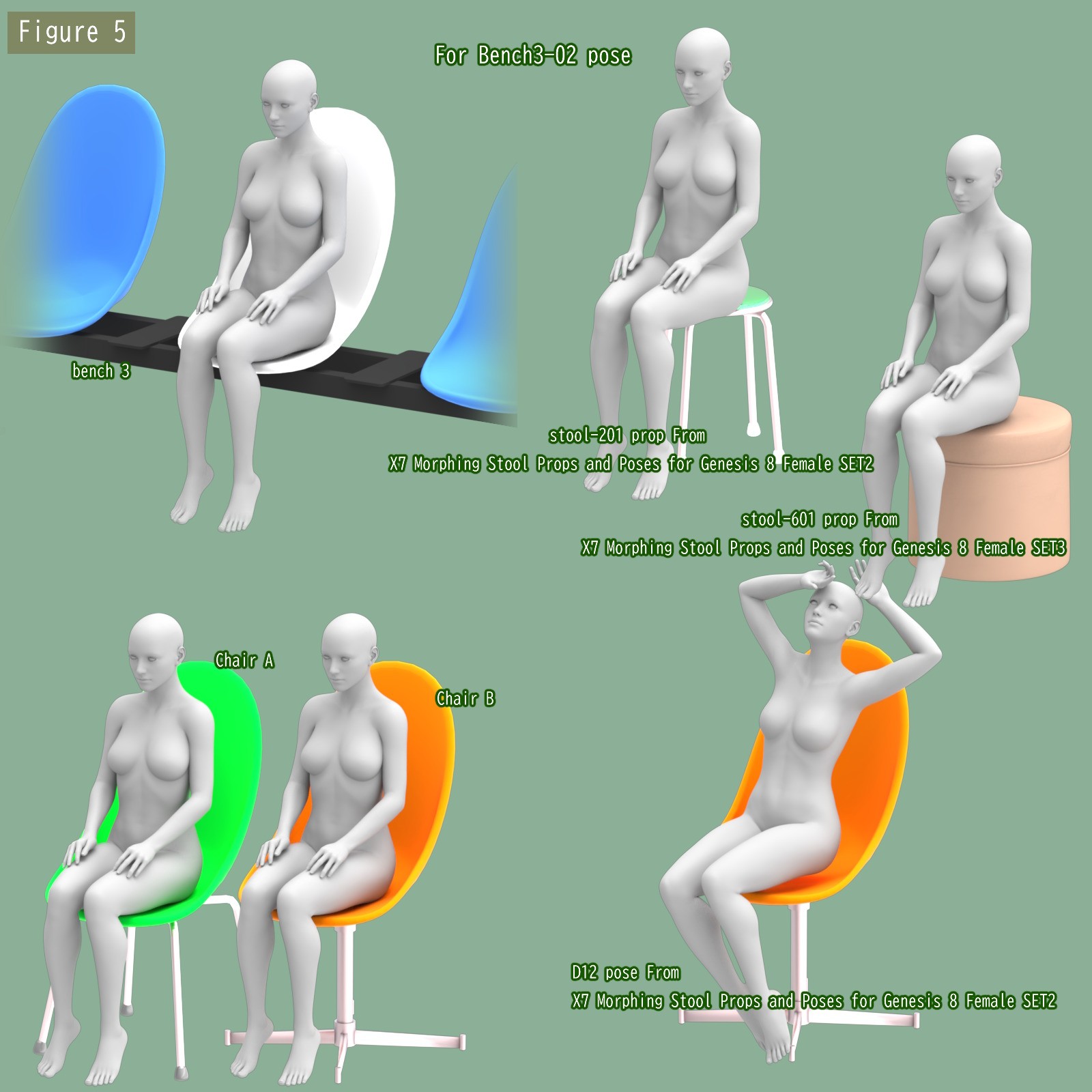 X7 Morphing Bench Prop (+ 2 Chairs) & Poses set2 by N/A